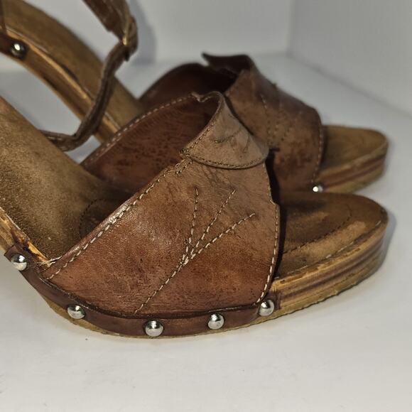 Vintage Italian Leather Wooden Heel Slingback Clog Sandals Studded Brown Size 7 - Picture 8 of 10